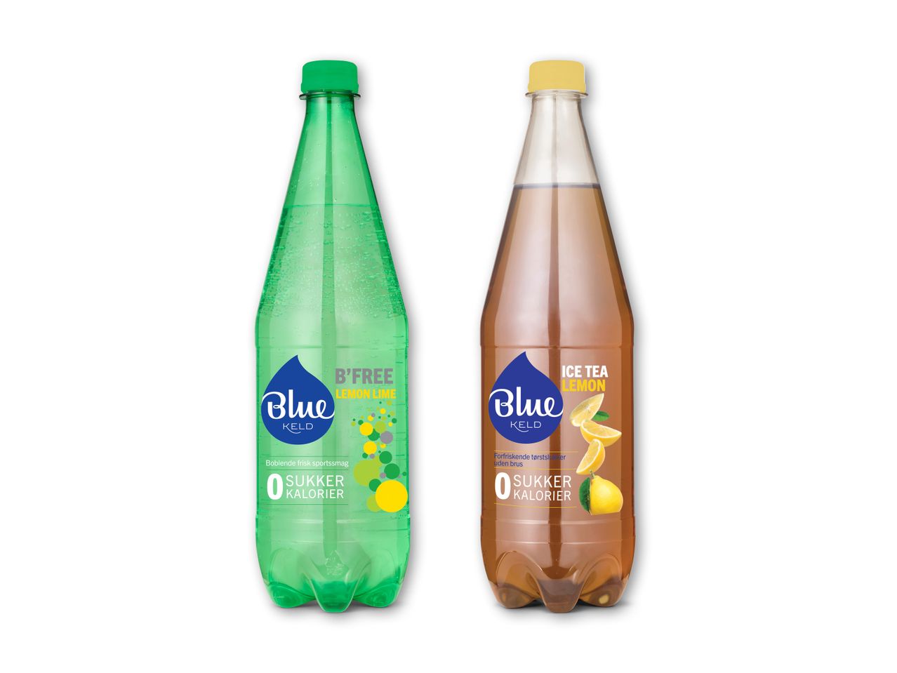 To flasker med sukkerfri drikkevarer: en grøn med citron-lime smag og en brun med iste-citron smag.