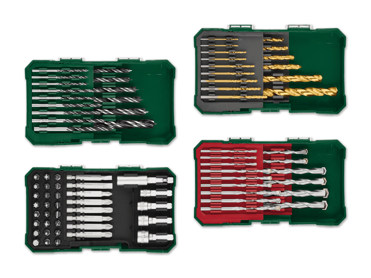 Vier Sets mit Bohrern und Schrauberbits in grünen und roten Boxen.