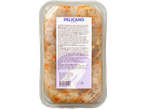Pelicano marineeritud krevetid läbipaistvas plastkarbis koos koostisosade ja toitumisalase teabe etiketiga.