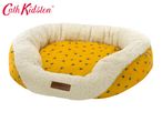 Cath Kidston yellow pet bed with a bee pattern and a cream fleece lining.