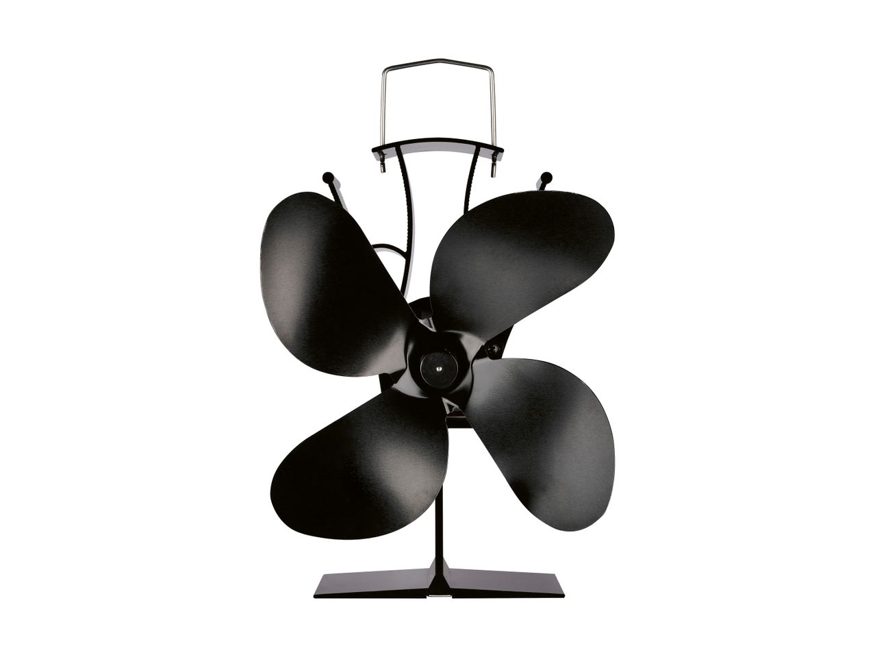 Black 4-blade heat-powered stove fan with a handle