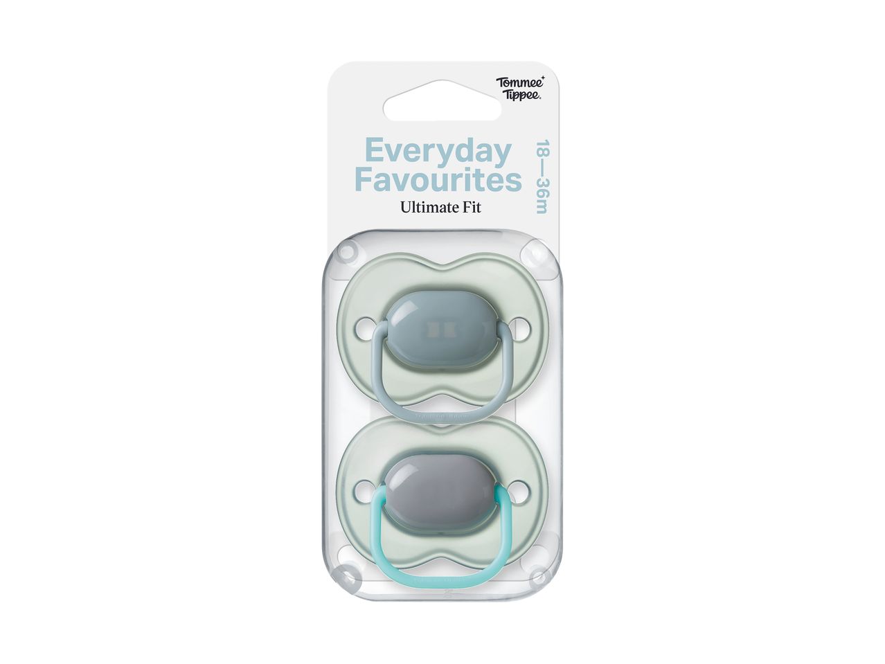 Two pacifiers in a clear package, labeled 'Everyday Favourites Ultimate Fit 18-36m'