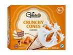 Box of 6 caramel crunchy ice cream cones with cocoa cones and crunchy layers.