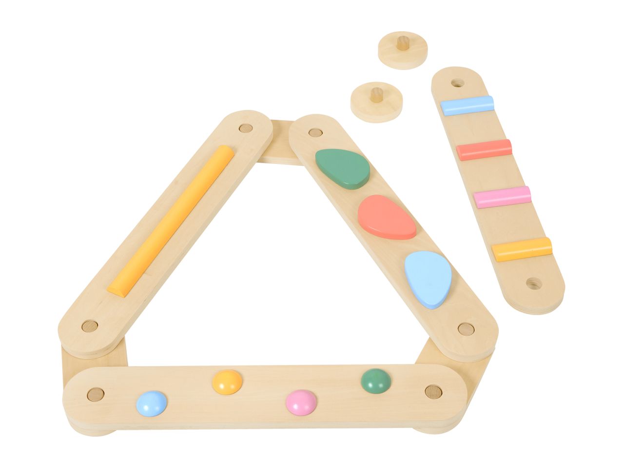 Wooden climbing triangle with colorful climbing holds and a separate ladder.
