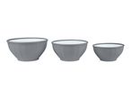 Three grey mixing bowls of varying sizes, with white interiors.