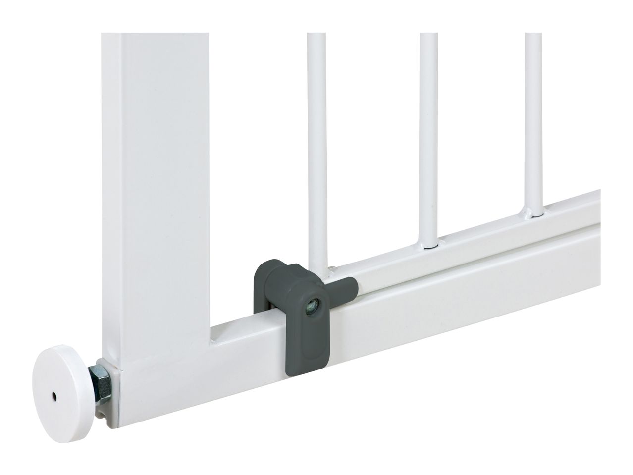 White metal baby gate with a grey plastic locking mechanism and a white wall protector.