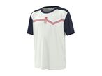 White t-shirt with navy blue sleeves and collar, featuring red and white chevron stripes.