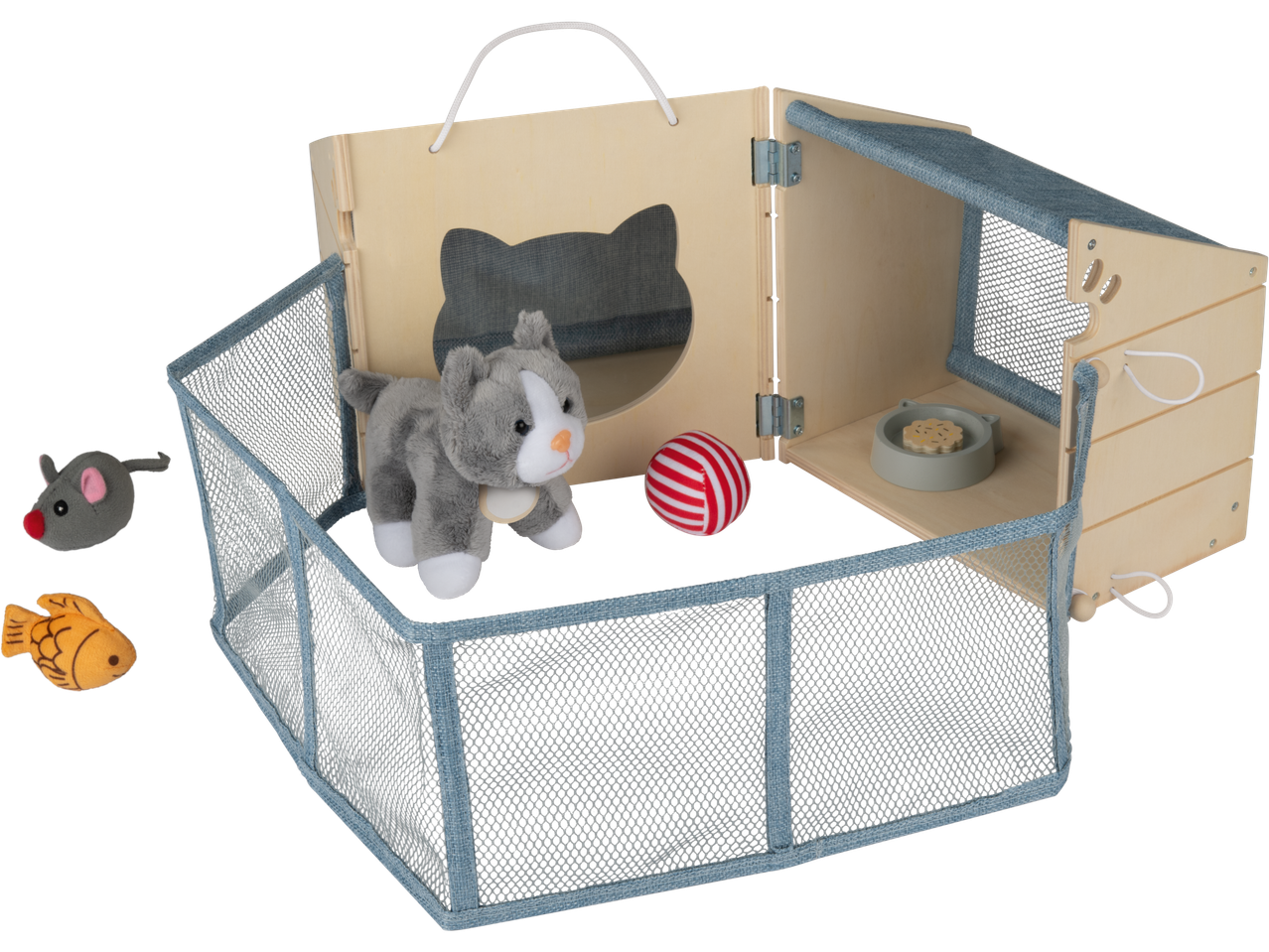 Playtive Wooden Pet Sets: a cat playhouse with a plush cat, ball, mouse, and fish toys.