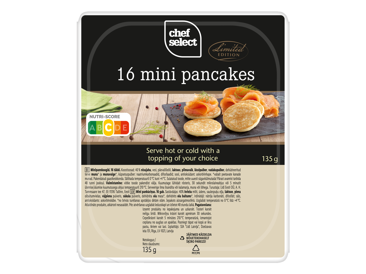 Chef Select mini pankūkas ar lasi un dillēm, ar Nutri-Score A marķējumu.