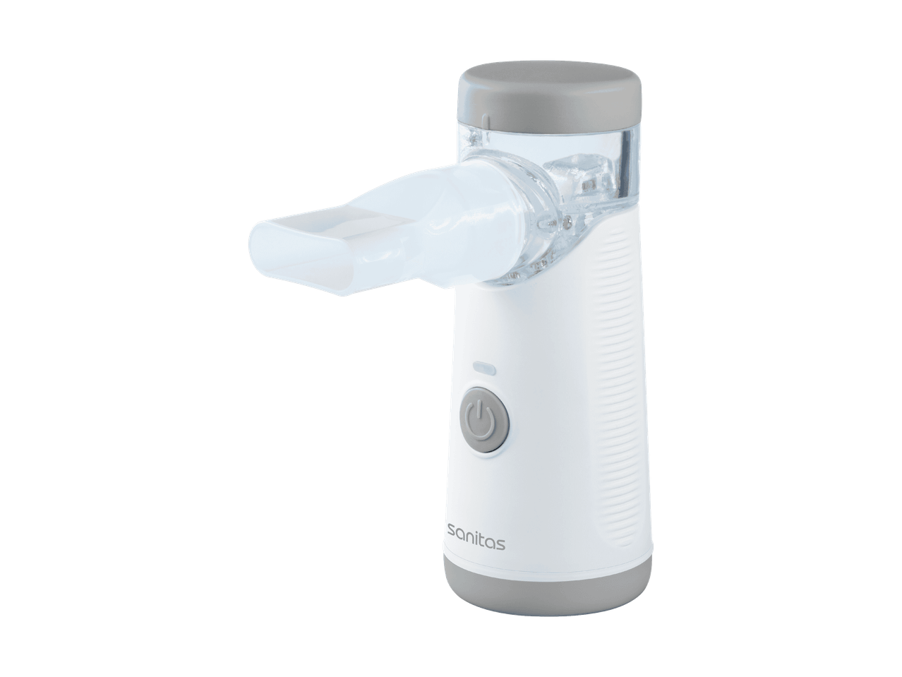 Nebulizzatore portatile bianco e grigio con boccaglio trasparente.