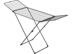 A black metal folding clothes drying rack.