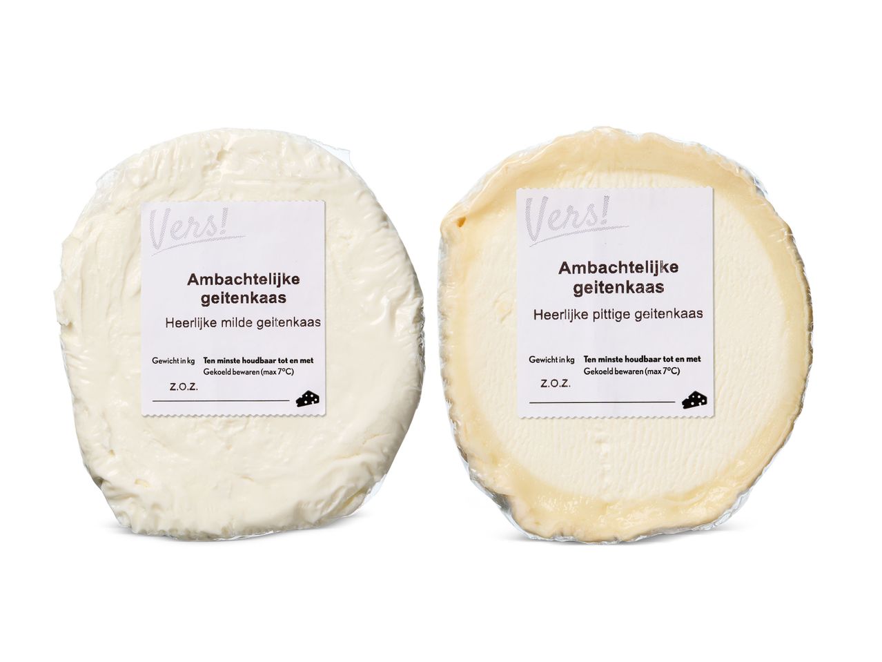 Twee ambachtelijke geitenkazen: mild en pittig.