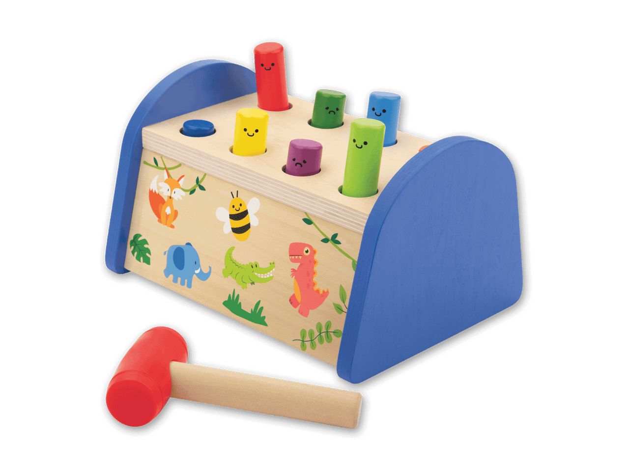 Holz-Steckspiel mit Hammer und bunten Stiften mit Tierillustrationen