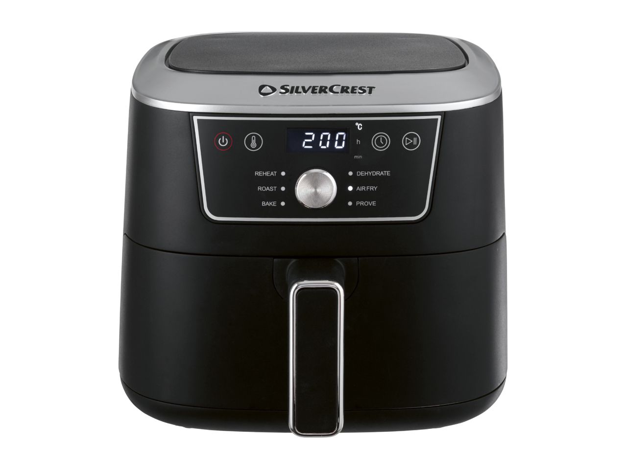 Black air fryer with digital display showing 200°C and cooking functions.