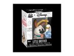 A Funko Minis vinyl figure of Little Brother from Mulan, a white dog with brown ears and a blue collar, holding a bone on a stick, in a special edition box.