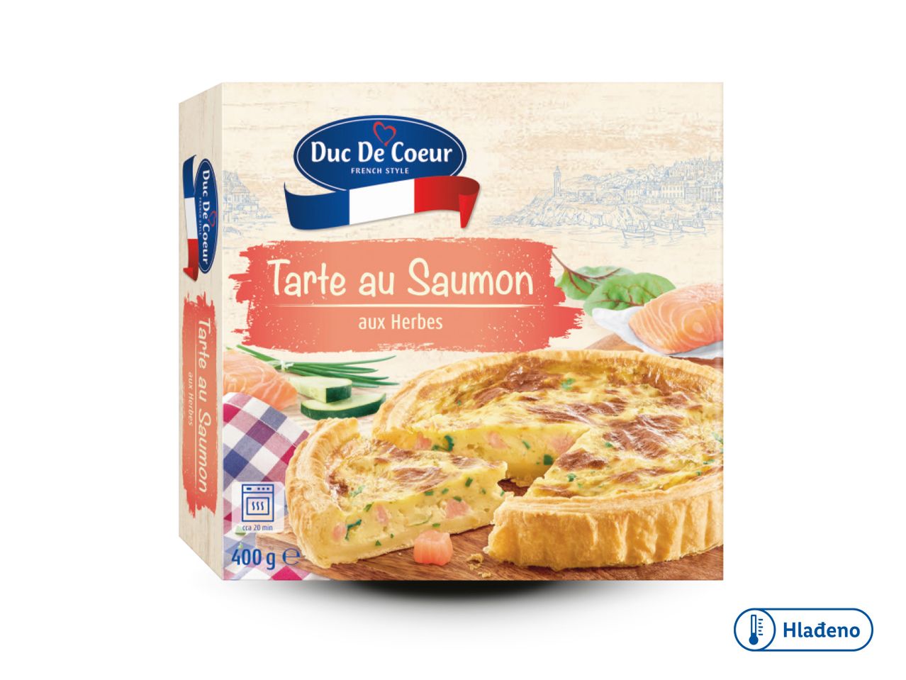 Zamrznuta torta od lososa s začinskim biljem Duc De Coeur, francuski stil.