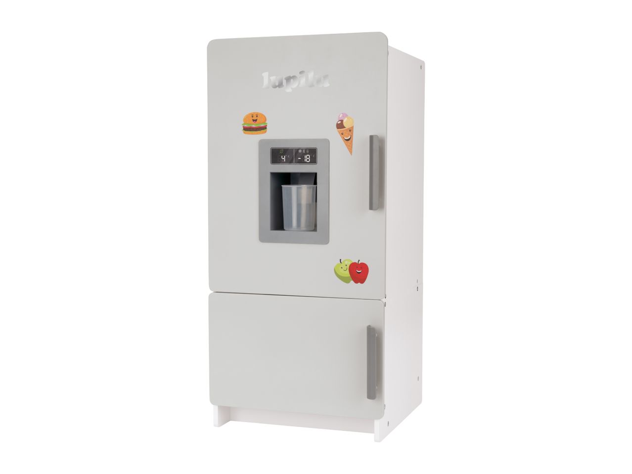 White toy refrigerator with a water dispenser, displaying food magnets like a burger, ice cream, and apples.