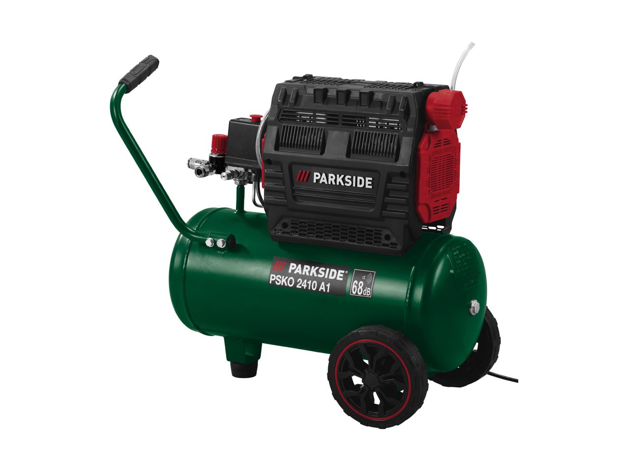 A green and black Draper air compressor with wheels.