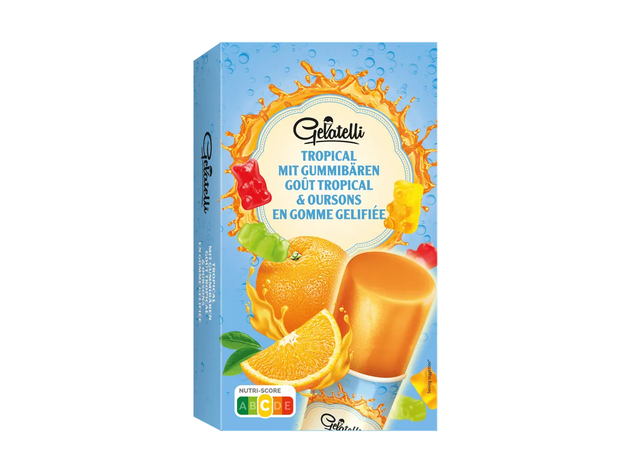 Confezione di ghiaccioli tropicali con orsetti gommosi e arance.