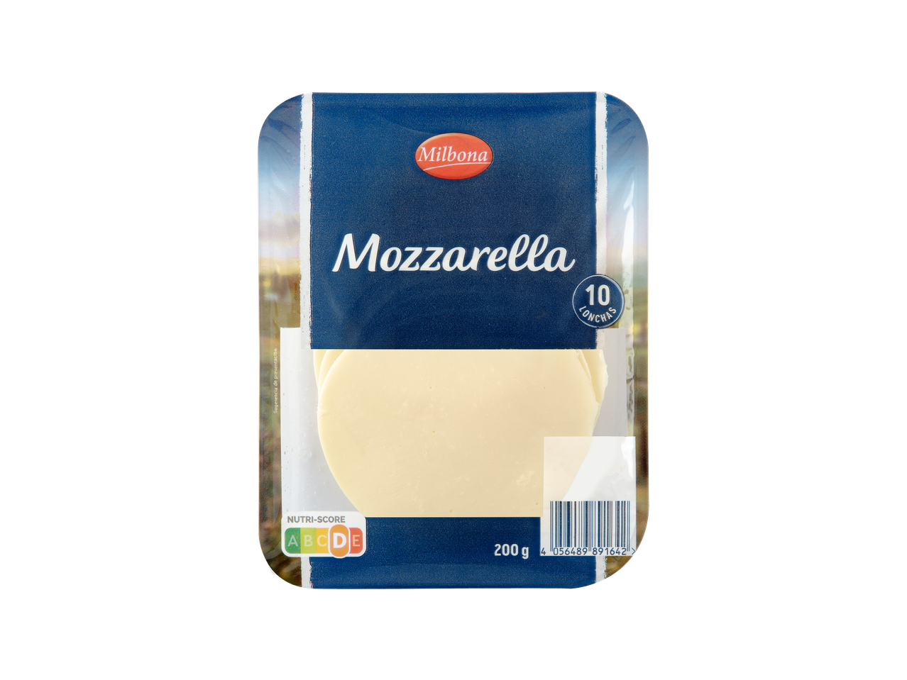 Milbona Mozzarella, 10 narezanih ploški, 200 g, s Nutri-Score D oznakom.