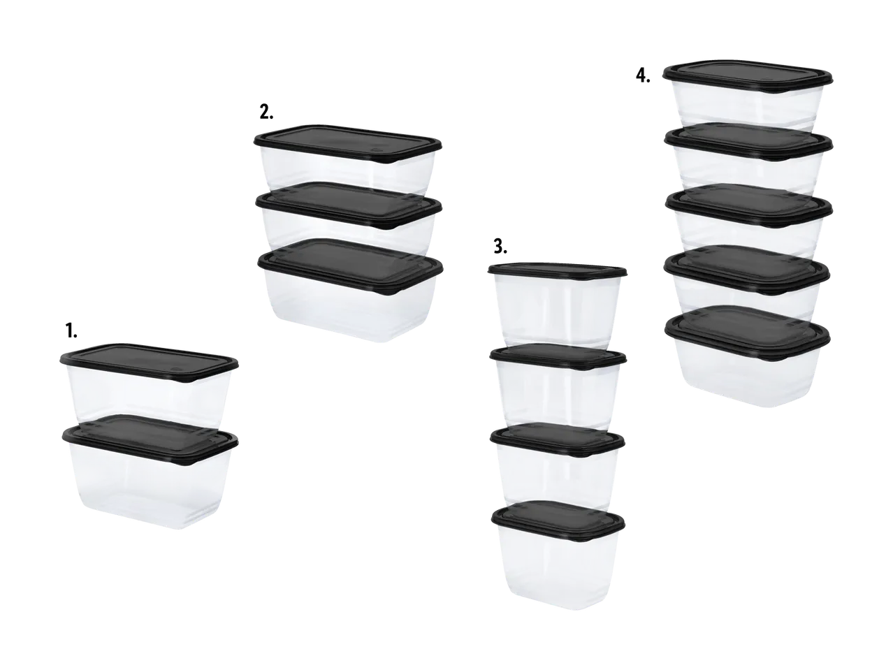 Quatre piles de récipients alimentaires transparents avec couvercles noirs, de formes et de tailles variées.