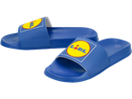Blue Lidl sliders with the Lidl logo on the strap.