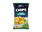 En pose chips med urtesmag, der viser sprøde chips i en skål med friske krydderurter.