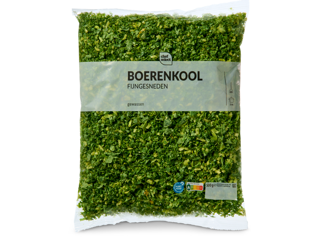 Een zak fijngesneden boerenkool van Chef Select, 500g, met Nutri-Score A en PlanetProof-keurmerk.