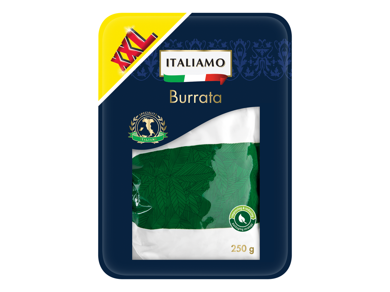 Emballage de burrata avec un bandeau XXL, un sceau de spécialité italienne et un poids de 250g.