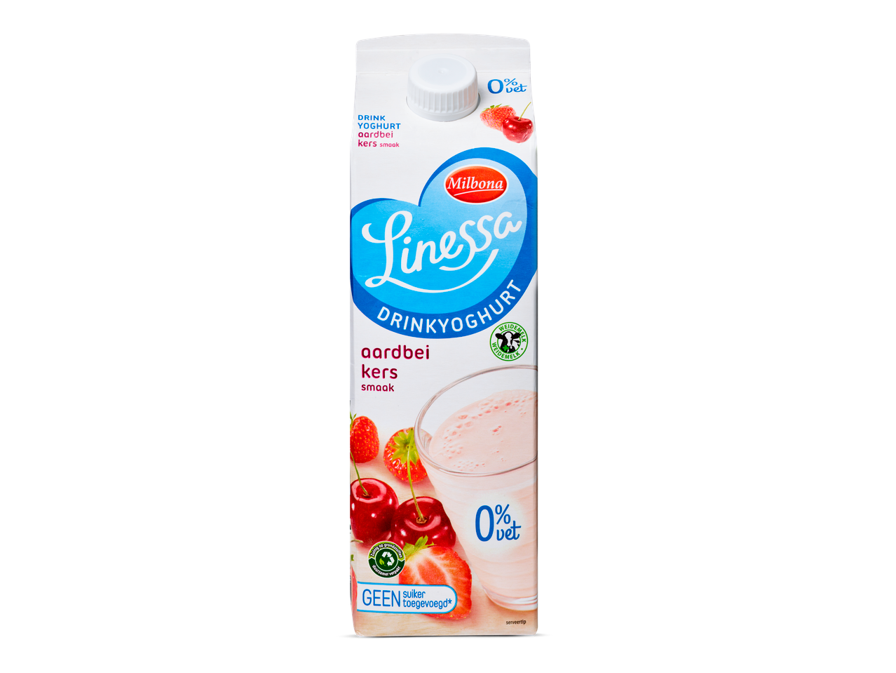 Milbona Linessa drinkyoghurt aardbei-kers smaak, 0% vet.