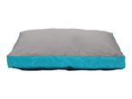 Grey and blue pet bed with a rectangular shape