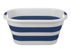 Collapsible laundry basket with white and blue stripes
