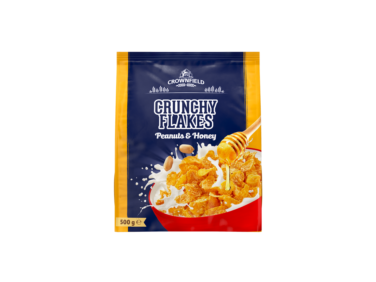 CROWNFIELD Crunchy Flakes Peanuts & Honey, 500 g, în ambalaj albastru-galben cu un bol.