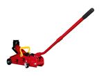 Red hydraulic floor jack with a long handle and wheels
