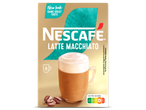 Nescafé Latte Macchiato doos met een nieuwe look, met een glas latte en koffiebonen.