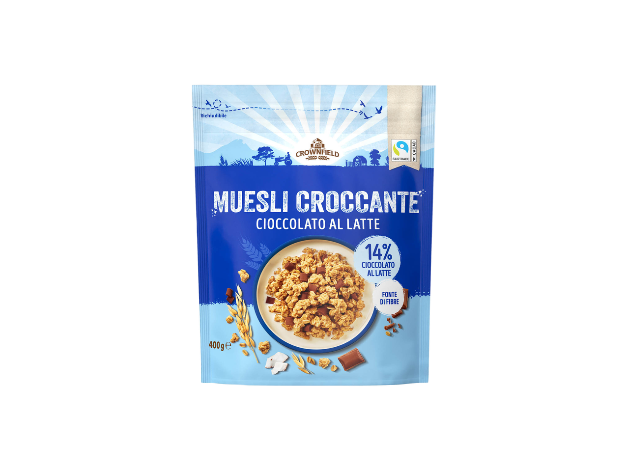 Confezione di muesli croccante al cioccolato al latte Crownfield con 14% di cioccolato e fonte di fibre.