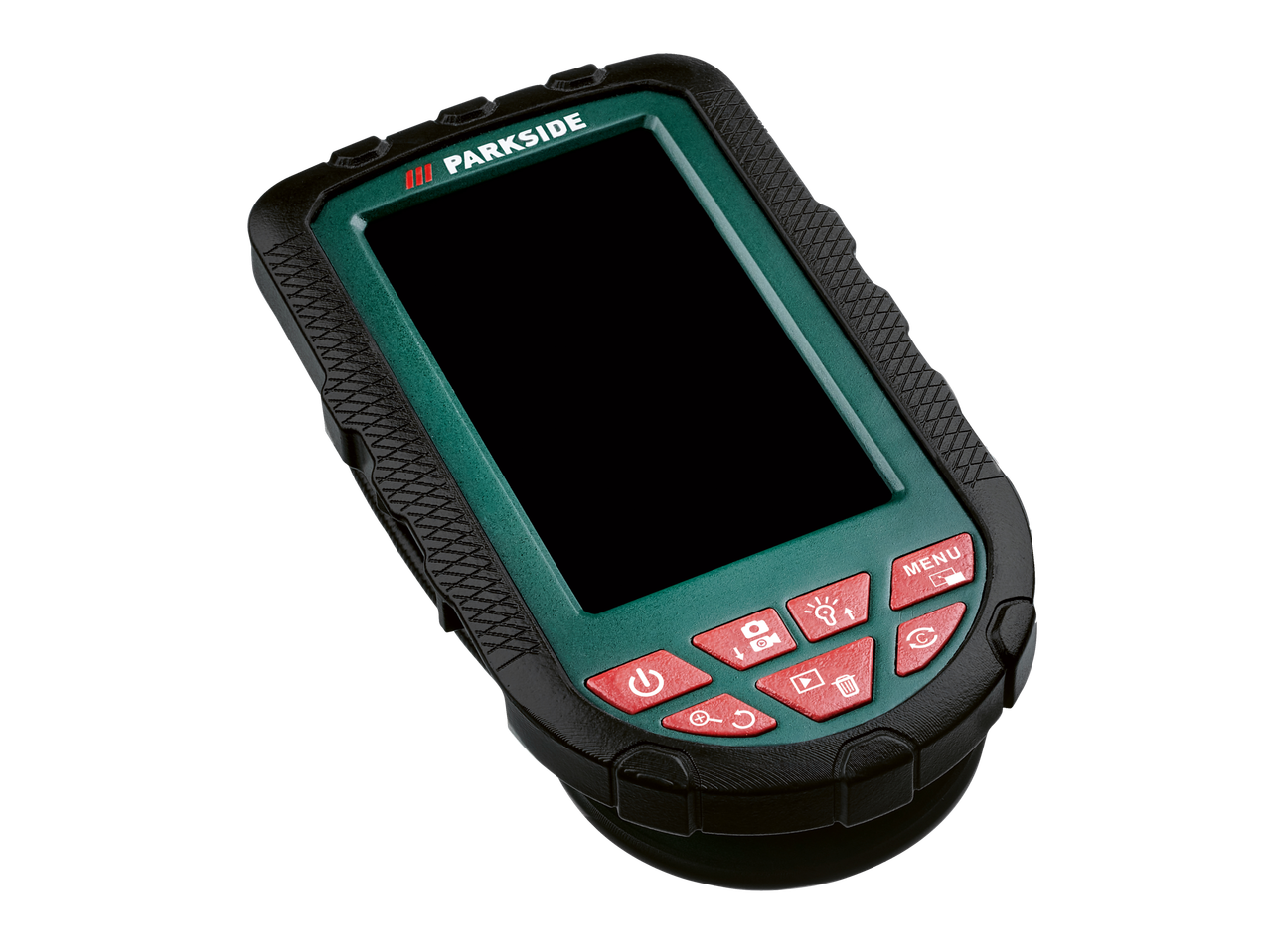 PARKSIDE® inšpekcijska kamera z zaslonom in rdečimi gumbi na črnem ozadju.