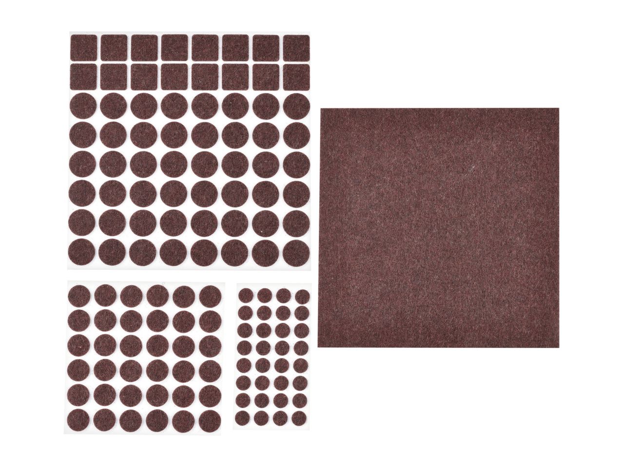 Assortment of brown felt pads and adhesive squares for furniture protection.