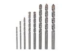 A set of seven masonry drill bits of varying sizes, arranged from smallest to largest.