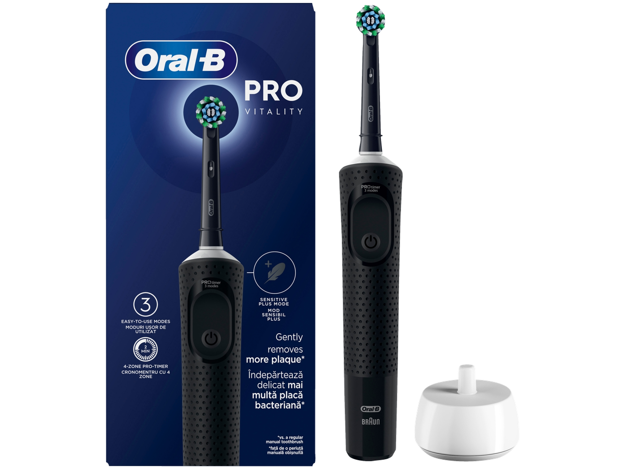 Periuță de dinți electrică Oral-B PRO Vitality neagră, cu 3 moduri și cronometru, alături de baza de încărcare.