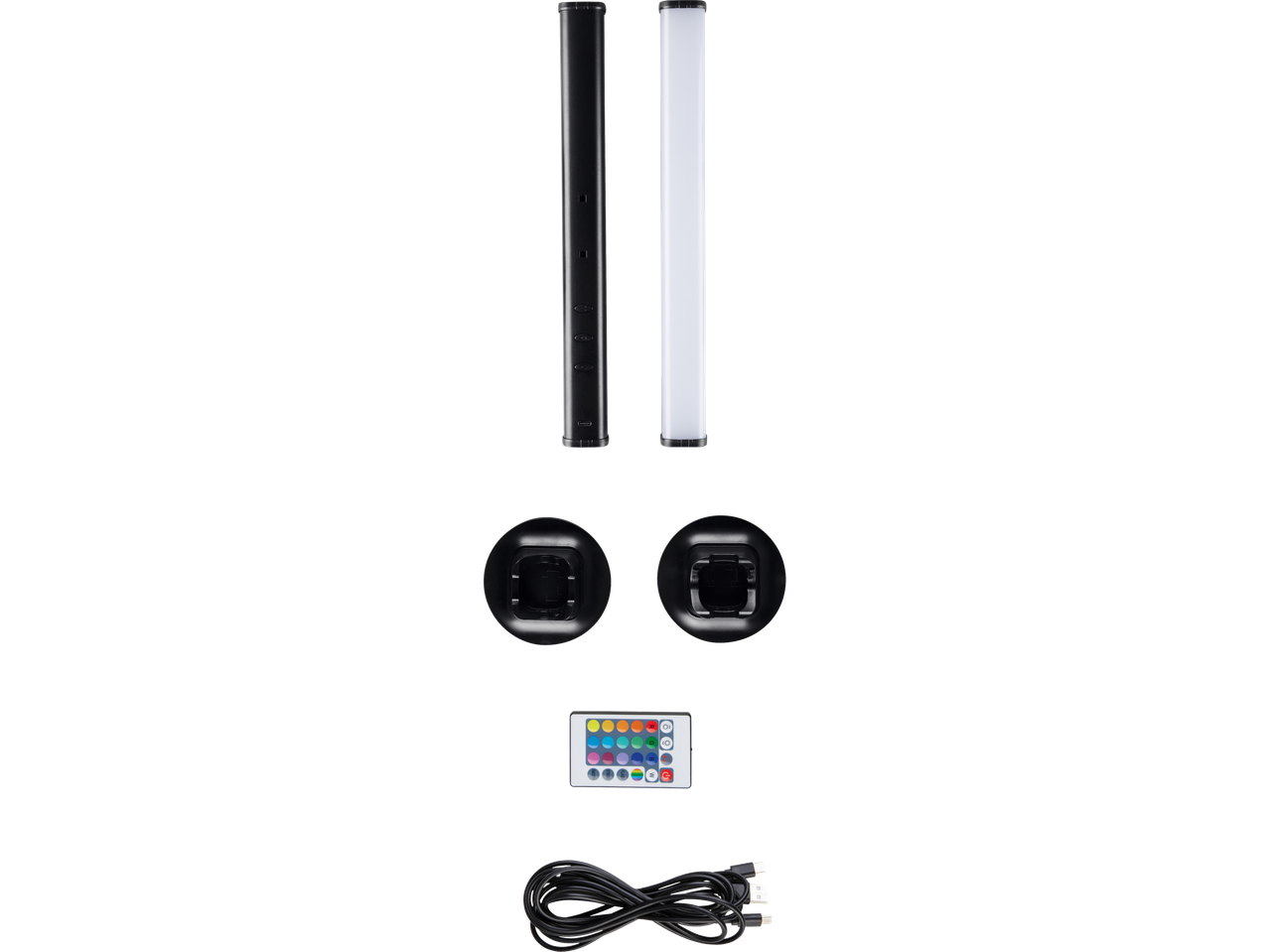 Livarno LED-Lichtleisten-Set mit zwei LED-Lichtleisten, Fernbedienung und Kabeln.