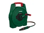 Green hose reel with a red handle and a black hose with a nozzle.