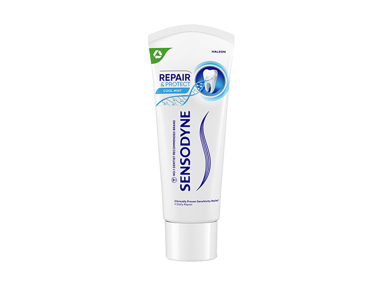 Balto „Sensodyne Repair & Protect“ dantų pastos tūbelė su mėlynais ir žaliais akcentais.