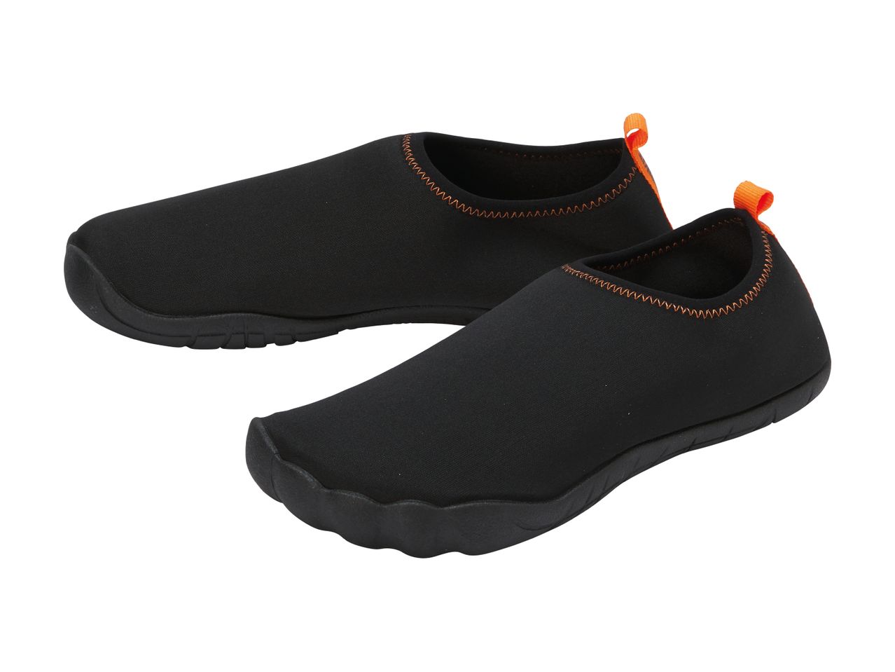 Pair of black water shoes with orange trim and pull tabs, designed for comfort and grip.