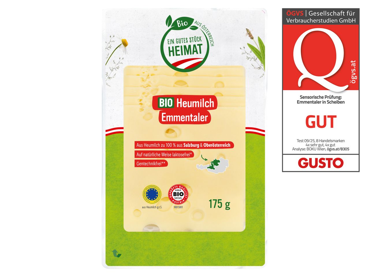 Bio Heumilch Emmentaler in Scheiben, 175g Packung, mit Auszeichnungen für Qualität und Geschmack.