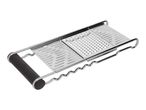 Stainless steel grater with multiple grating surfaces and a black handle.