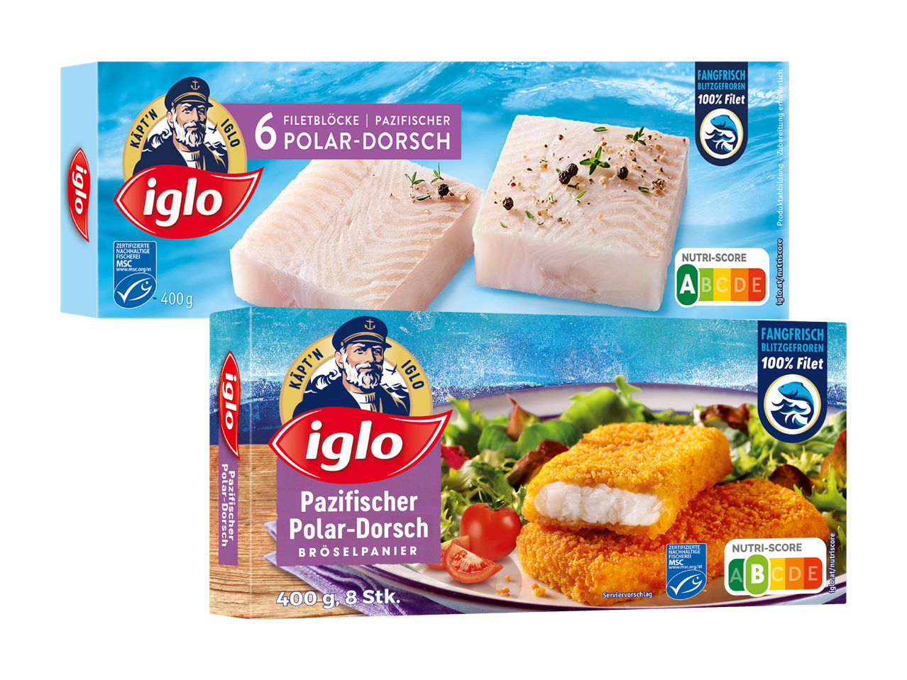 Iglo präsentiert pazifischen Polar-Dorsch: Filet-Blöcke und panierte Fischstäbchen.