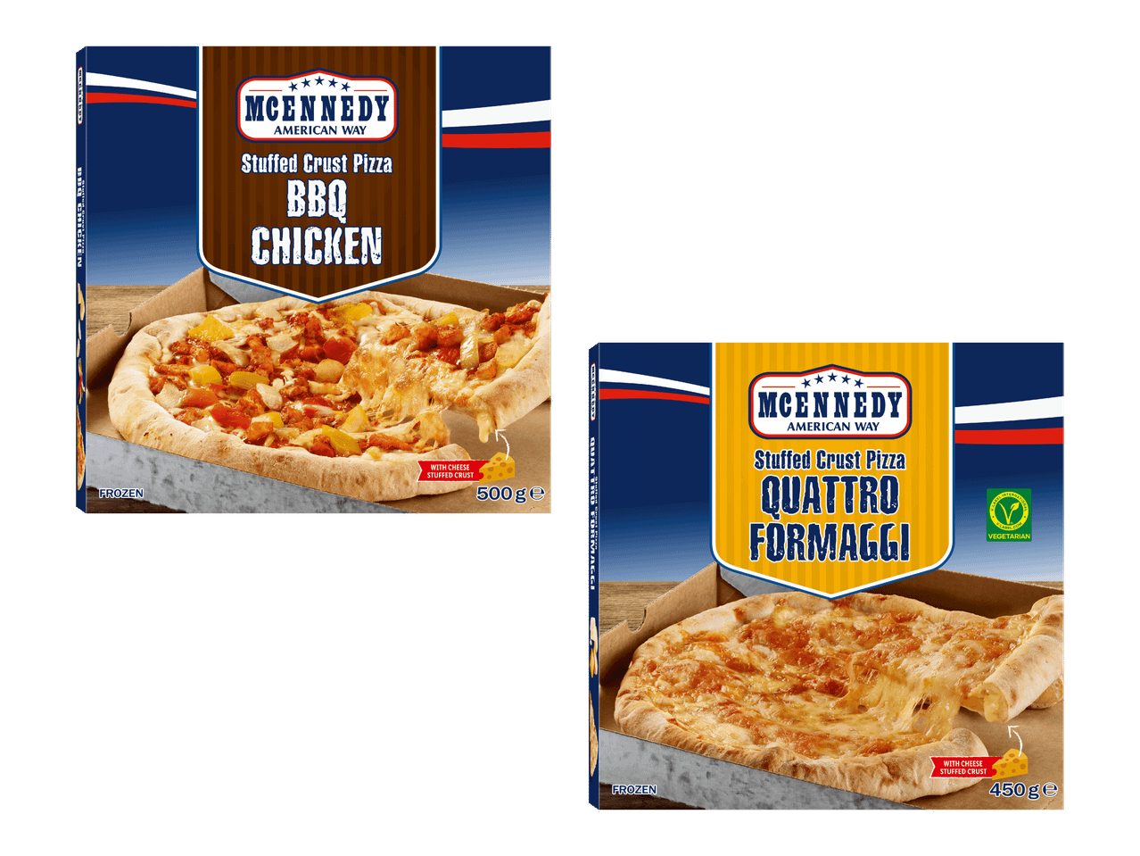 Kaksi pakastepizzapakkausta: BBQ Chicken ja Quattro Formaggi juustoreunalla.