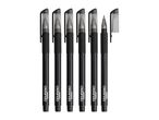 Six black gel pens with clear caps, one with the cap removed, arranged vertically.