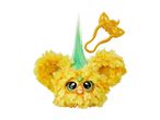 A yellow Furby toy with green hair and a golden accessory.